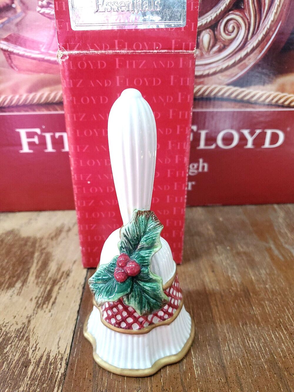 Vintage FITZ and FLOYD Holiday Holly Berry Christmas Bell w/ original box Gift